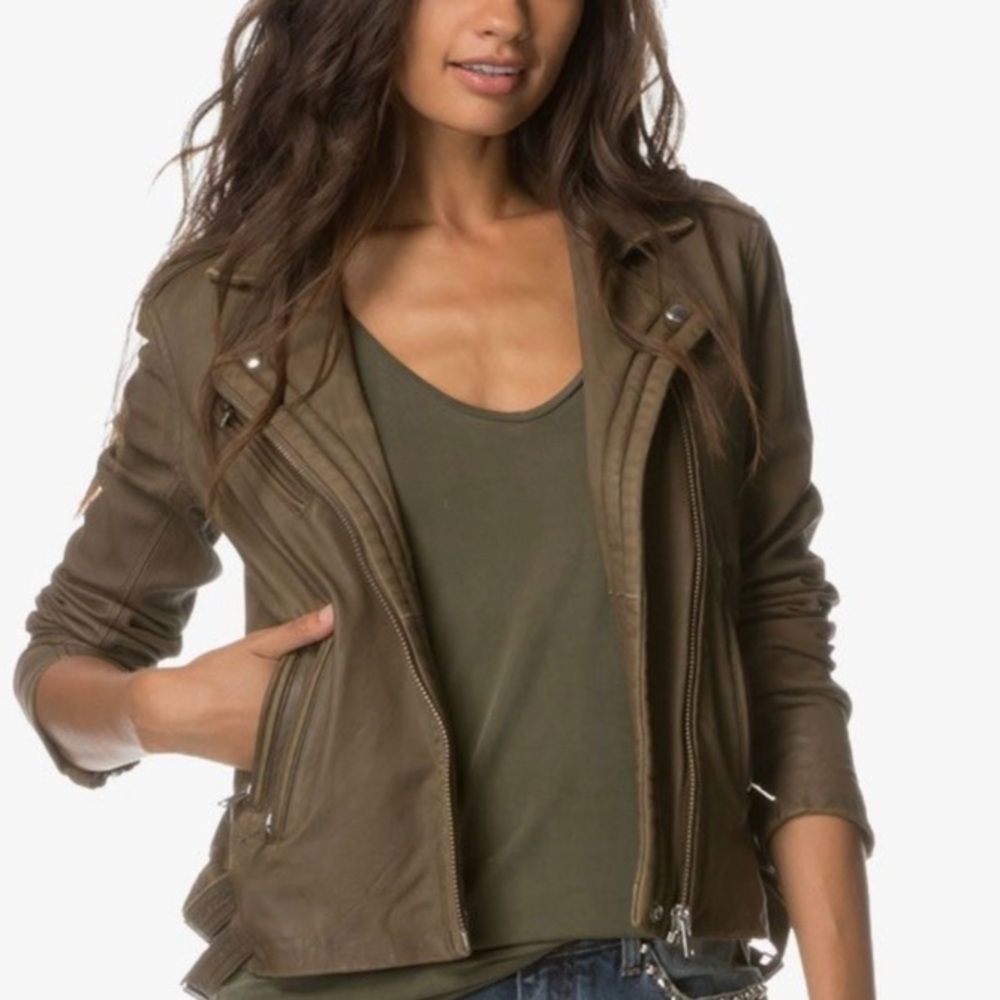 IRO Han olive green 100% leather moto jacket size 36 US size 4!